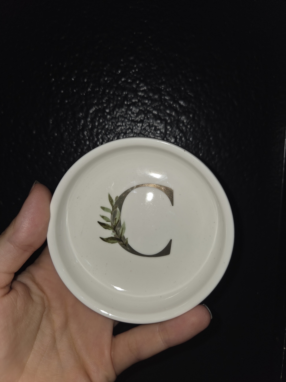 Monogram C Ceramic Trinket Dish - White with Green Leaf Accent